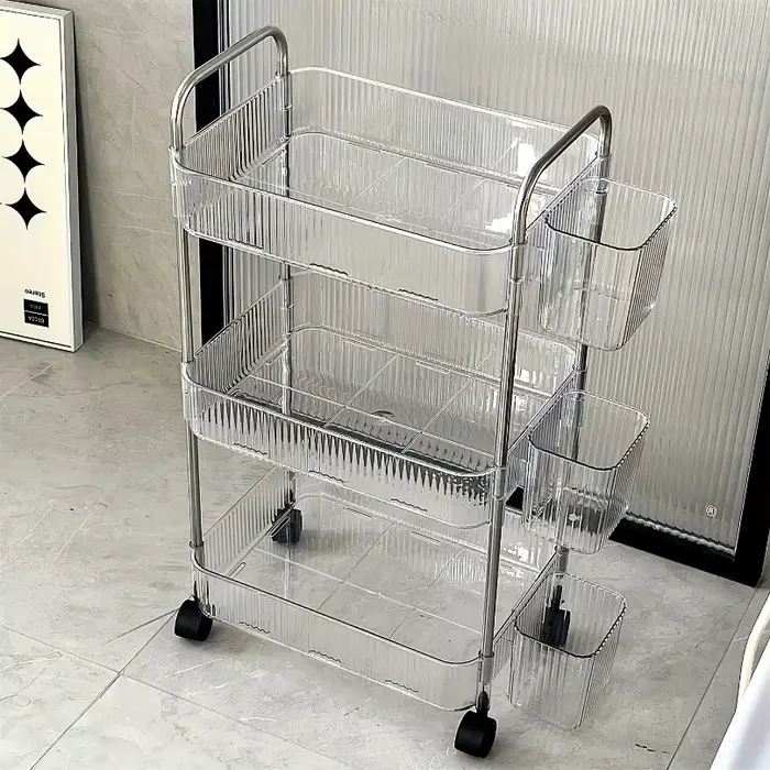 Chariot de rangement transparent à 3 niveaux avec roulettes