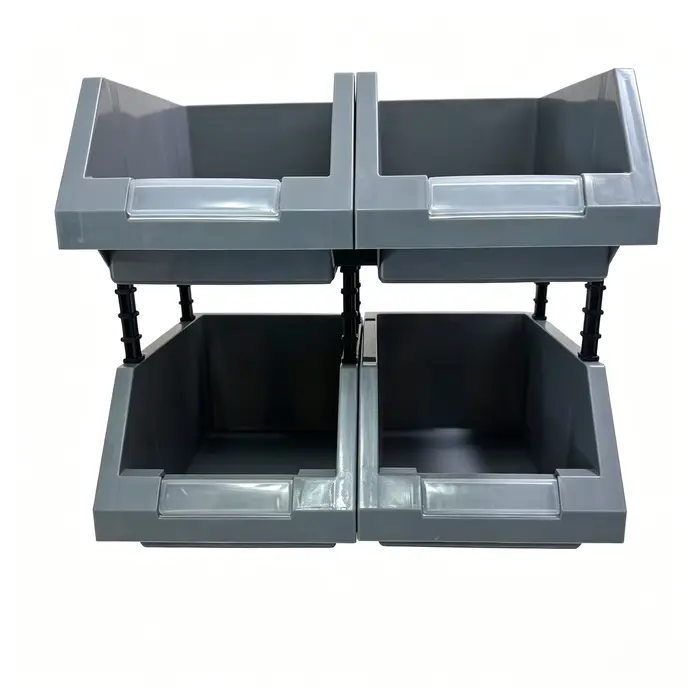 4 grands bacs de rangement en plastique gris avec compartiments à étiquettes transparentes - Système d'organisation