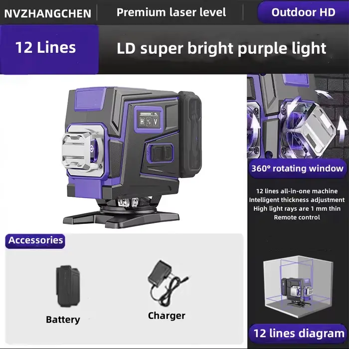 Niveau Laser 12/16 lignes 3D/4D ligne violette auto-nivelante 360 ​​rotation horizontale verticale n