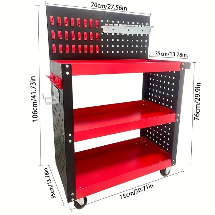 Chariot à outils robuste à 3 niveaux avec panneau perforé