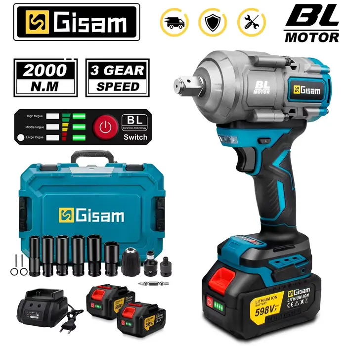 Gismis 2000N.M clé à chocs électrique sans brosse couple 1/2 pouces tournevis clé sans fil outil