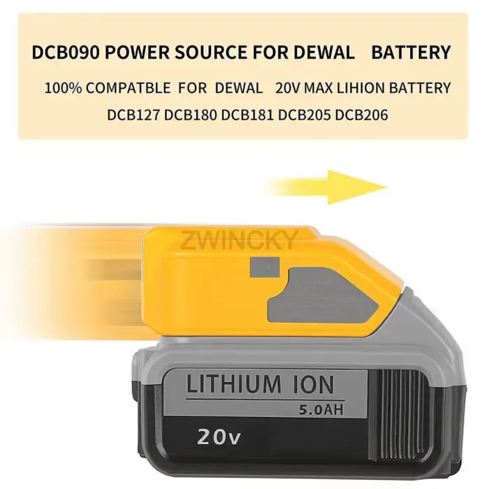 Adaptateur de chargeur de batterie DCB090 pour batterie lithium Dewal 18V 20V avec USB Type C DC 12V