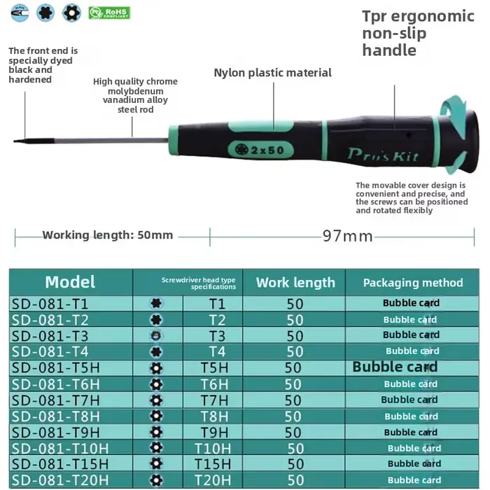 Pro'skit Tournevis hexagonal en forme d'étoile avec trous et structure creuse T1 T2 T3 T4 T5 T6 T7 T8 T9 pour un travail efficace