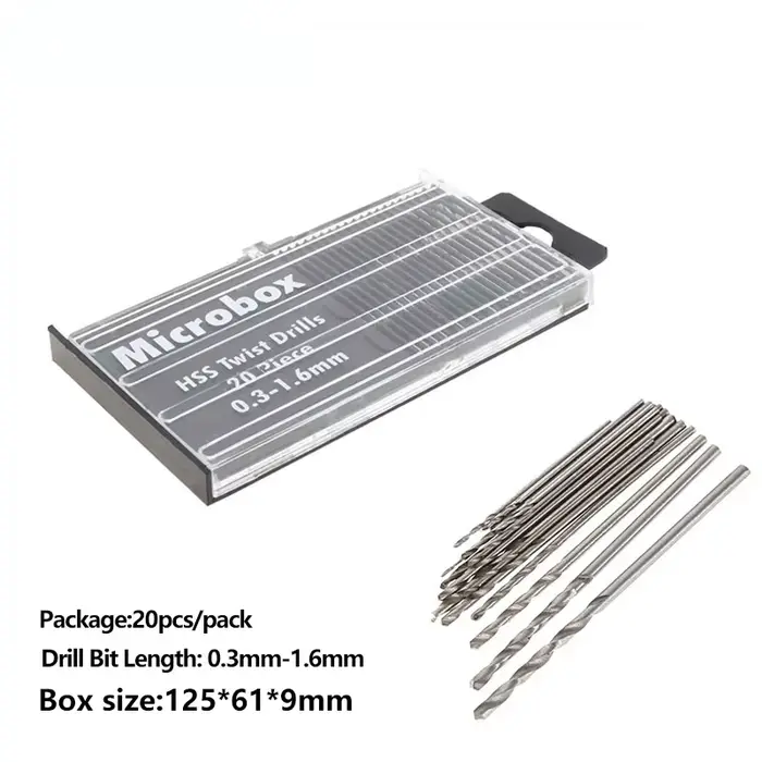 20 pièces/ensemble 0.3mm-1.6mm Mini jeu de forets hélicoïdaux en acier rapide ensemble de forets Mic