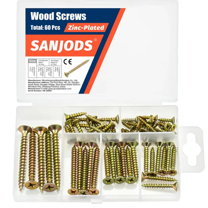 Kit de vis à bois de haute dureté (6 tailles 60 pièces)-filetage grossier à tête plate Phillips-pour le bricolage du