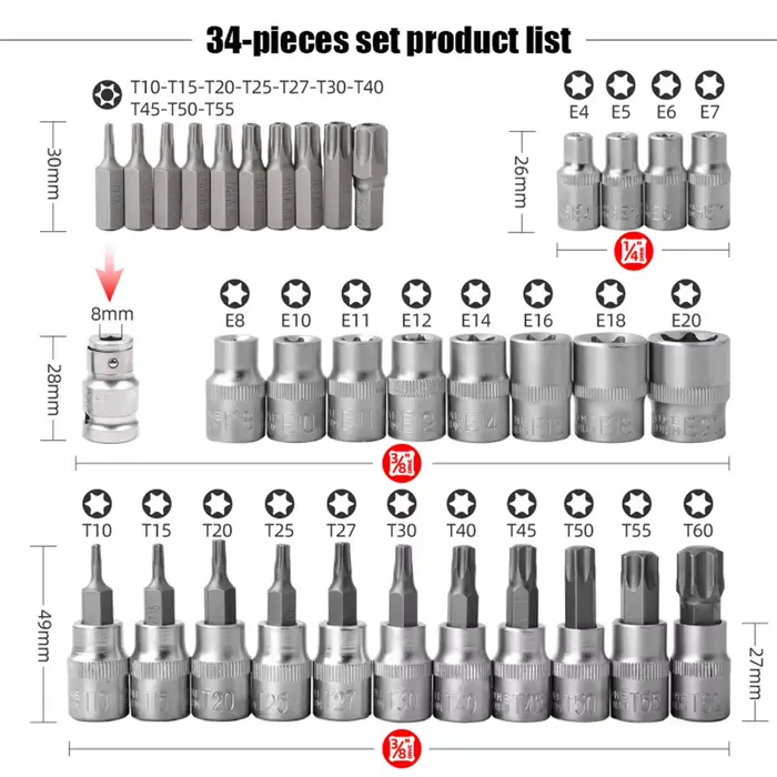 Jeu de 34 douilles à cliquet Torque Wrlike Torx Star