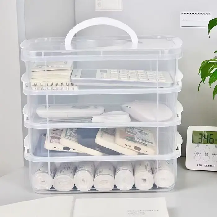 Grande boîte de rangement transparente empilable à 4 couches avec couvercle