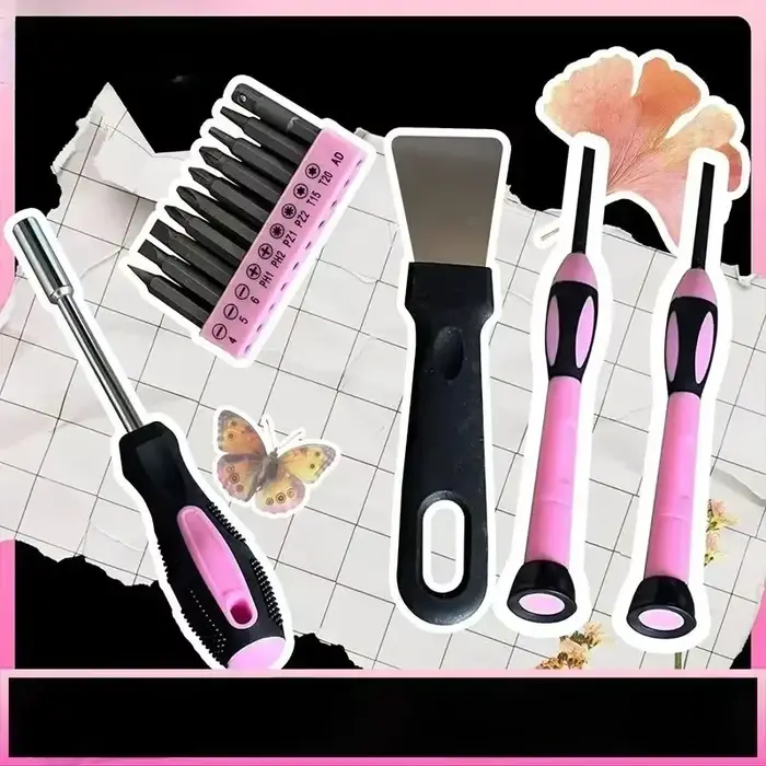 Boîte à Outils Domestique Rose avec Marteau et Tournevis à Batterie au Lithium pour Femme