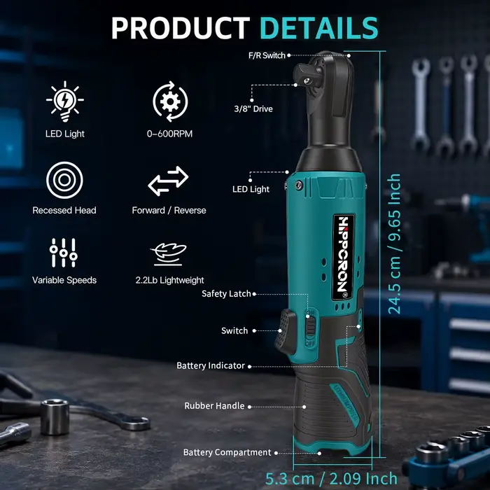 Clé à cliquet électrique sans fil HIPPCRON avec moteur en cuivre puissant 600 tr/min 45 Nm 3/8'' Kit d'outils