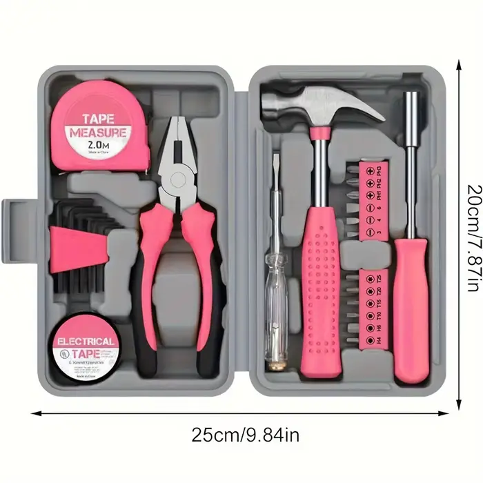 Ensemble d'outils 24 pièces rose, kit d'outils de bricolage pour femmes. Petit coffret d'outils de b