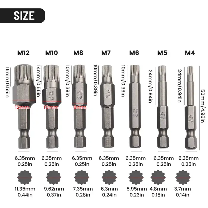 Tournevis Torx cannelé à 12 points, embout de 1/4 pouces, tige hexagonale, tête de perceuse à vent 5