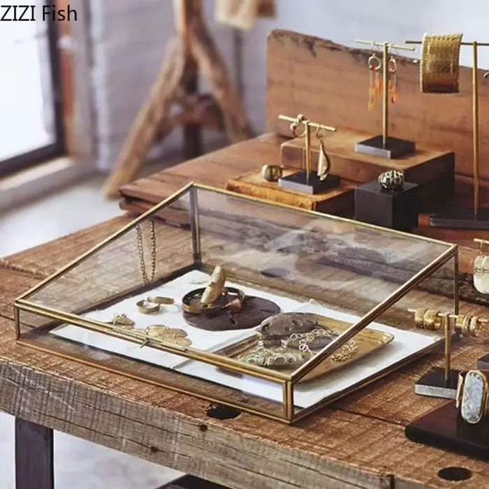 Boîte de Rangement Polygonale en Verre Latéral en Cuivre Vintage