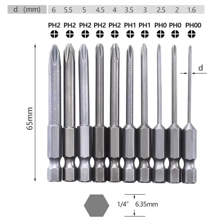 10 pièces 65mm magnétique 1/4 pouces Hex électrique tournevis cruciforme embouts PH00 PH0 PH1 PH2 ti