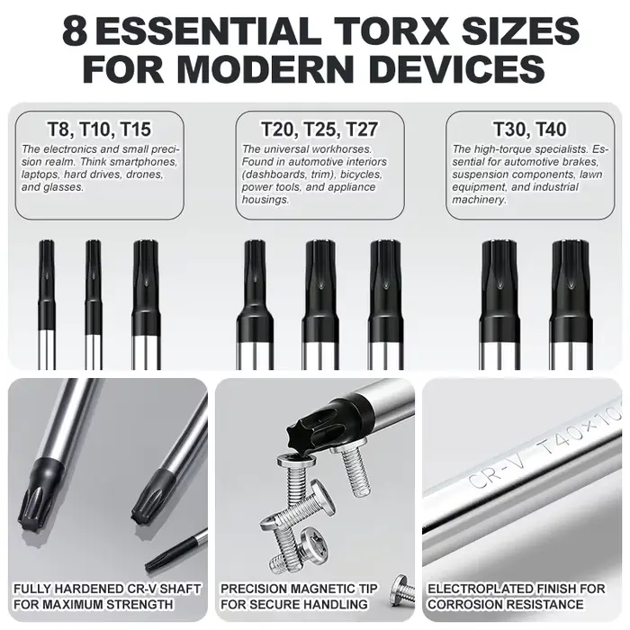 Jeu de tournevis Torx magnétiques de précision T8 T10 T15 T20 T25 T27 T30 T40, kit d'outils de sécurité Torx pour l'électronique, la réparation automobile