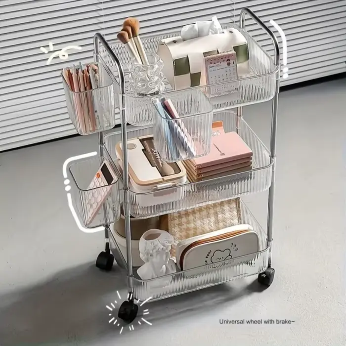 Chariot de rangement transparent à 3 niveaux avec roulettes