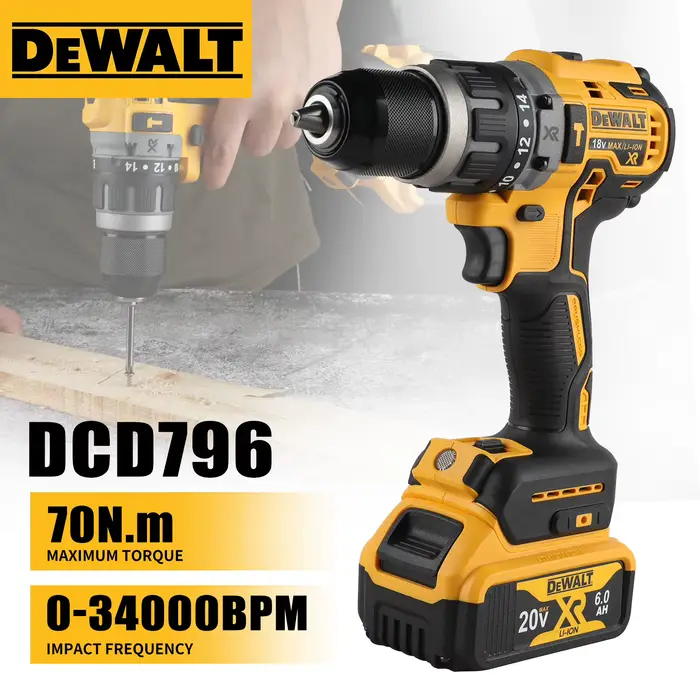 Dewalt DCD796 perceuse à percussion sans fil, perceuse compacte à entraînement sans balais, batterie