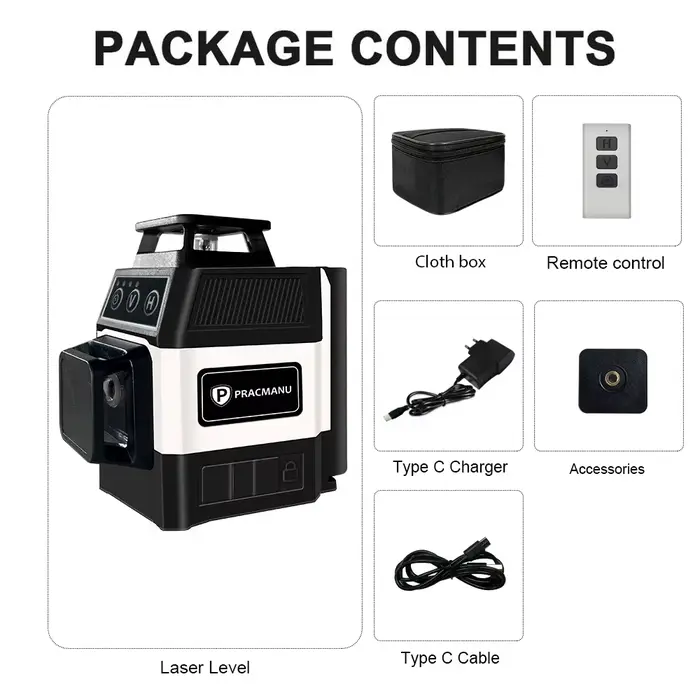 Pracmanu Mini 12 lignes niveau Laser 3D 360 niveau Laser à lignes transversales horizontales et vert
