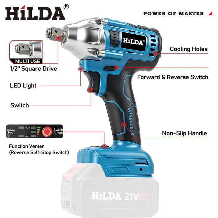 HILDA clé à chocs électrique 18V bleu sans brosse/brossé Rechargeable 1/2 clé à douille perceuse à main sans fil pour batterie Makita