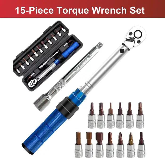 Clé Dynamométrique Réglable Haute Précision 2 à 24Nm 1 4 Pouce Kit de 15 Outils pour Réparation de Vélo avec Embouts et Coffret