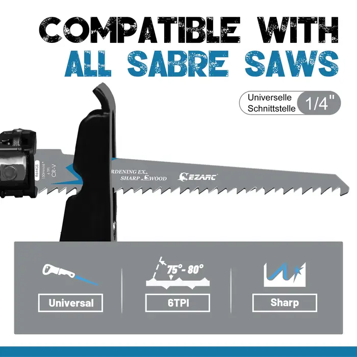 Lame de scie alternative pour l'élagage du bois, 6 pouces/150mm, R644GS 6TPI CRV, dents tranchantes 