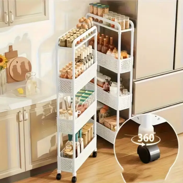 Unité de rangement mobile noire, étagères pratiques à plusieurs niveaux, support de rangement étroit sur roulettes.