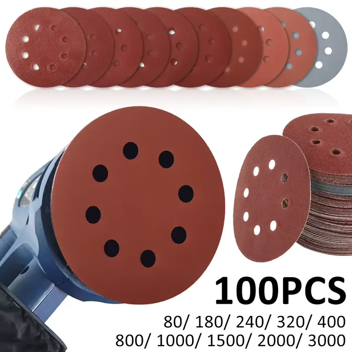 100 pièces 125mm disques abrasifs 8 trous crochet boucle papier de verre 80 grain-3000 grain papier 