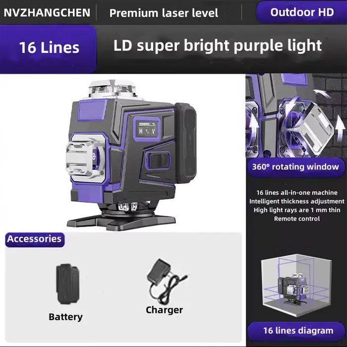 Niveau laser 12/16 lignes 3D/4D faisceau lumineux violet auto-nivelant niveau laser à lignes transve