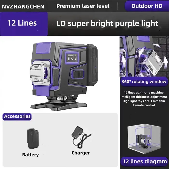 Niveau Laser 12/16 lignes 3/4D auto-nivelant 360 croix horizontale et verticale
