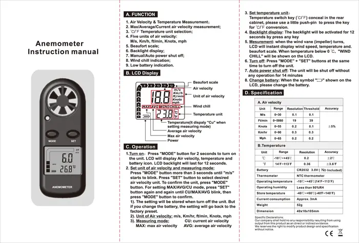 Mini compteur de vitesse du vent