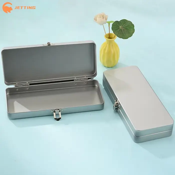(Nouveau) 1 boîte rectangulaire en métal gris argenté avec couvercle