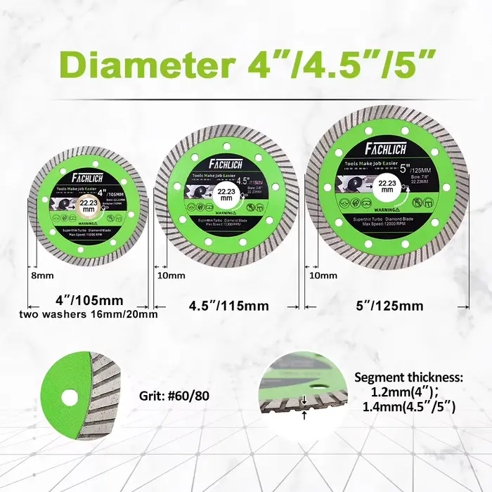 FACHLICH 1/2/5 pièces 4/4.5/5 pouces lames de scie Turbo Super-minces disque de coupe pour carreaux 