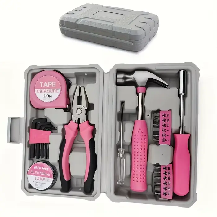 Kit d'outils de base pour femmes, 24 pièces, rose, dans une boîte à outils portable, petit et compac