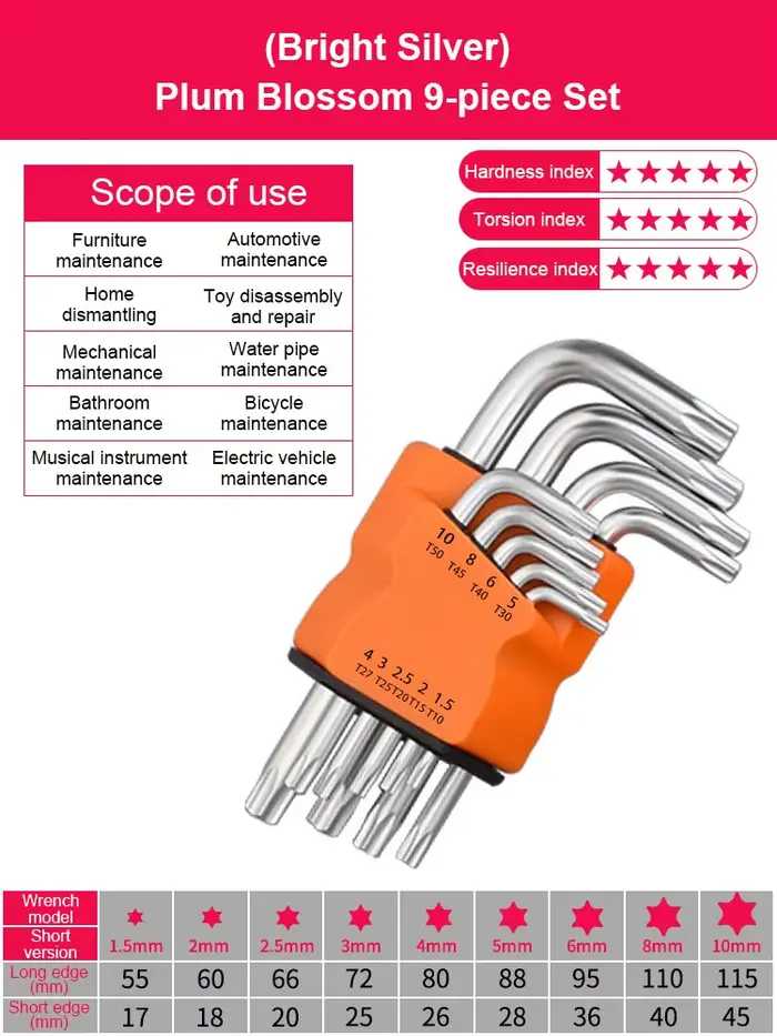 9 pièces Torx étoile clé Kits ensemble clés Allen clé hexagonale jeu de clés fleur de prunier double