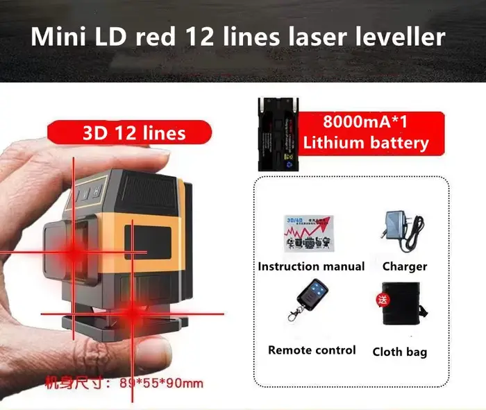 Mini Laser Level 12/16 Lines 3D/4D Red Lines Self-Leveling 360 Horizontal and Vertical Cross Super P