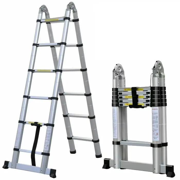 Échelle télescopique pliante de 3.8m/ 5m, cadre en A, alliage d'aluminium/acier inoxydable, antidéra