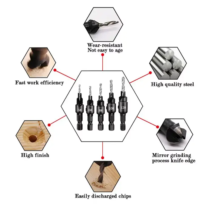 Travail du bois Hexagonale Tige Tête Fraisée Foret 5 pièce De Forage Chanfrein Trou Ouvre Ensemble I