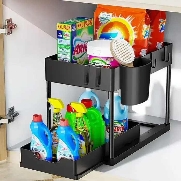 Panier de rangement coulissant sous évier à 2 niveaux, support organisateur multifonctionnel avec cr