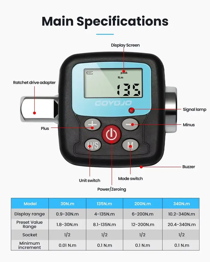 GOYOJO Adaptateur de clé dynamométrique numérique – Convertisseur et compteur d'outils dynamométriques électroniques de