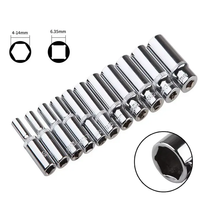 Adaptateur de douille profonde de 4 à 14mm, clé à douille hexagonale de 1/4 pouces, outil à cliquet,