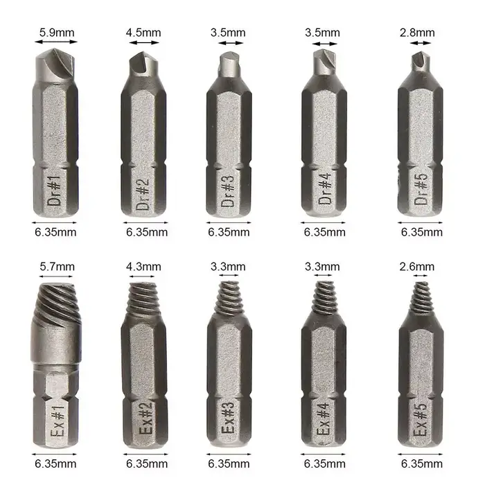 Extracteur de vis endommagé 4/6.35mm, jeu de forets, Kit d'extraction de vis dénudé pour vis hexagon