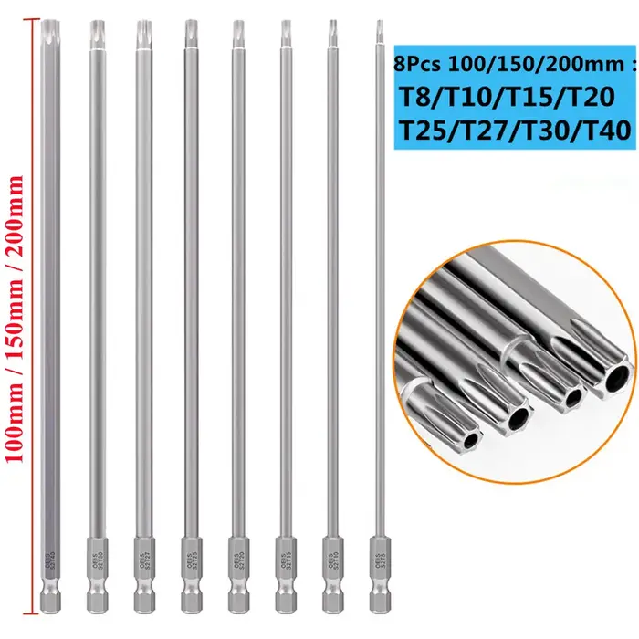 Tournevis Torx à tige hexagonale de 1/4 pouces, tête de forage à vent de 150mm 200mm, clé à vis étoi