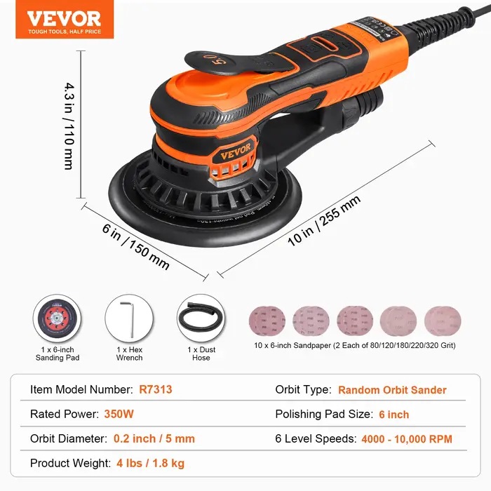 Ponceuse orbitale aléatoire 350W sans brosse 10000 PRM 6