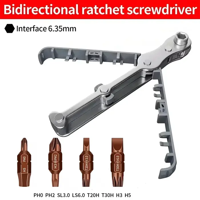 Tournevis à cliquet pliable multi-embouts, conception bidirectionnelle, entraînement de 6,35 mm pour