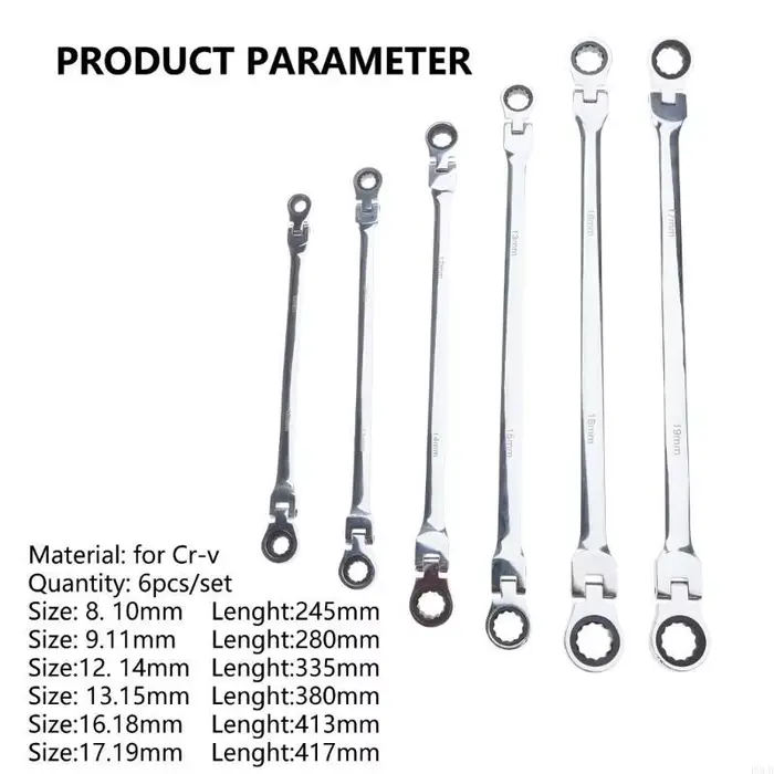 P9FB 6 pièces clés à cliquet longues à tête flexible Double extrémité boîte en acier Chrome Vanadium jeu