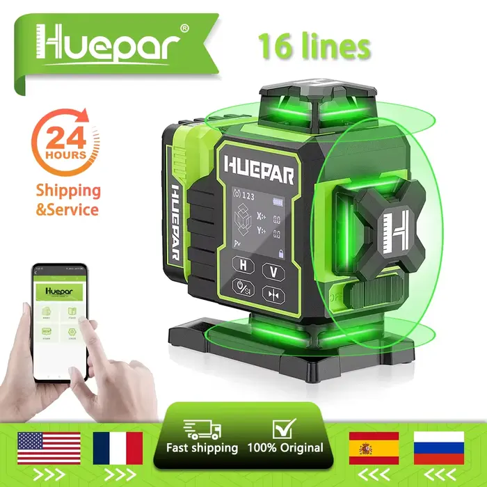 Niveau laser Huepar W04CG 4D 16 lignes à faisceau vert auto-nivelant avec écran tactile LCD, télécom
