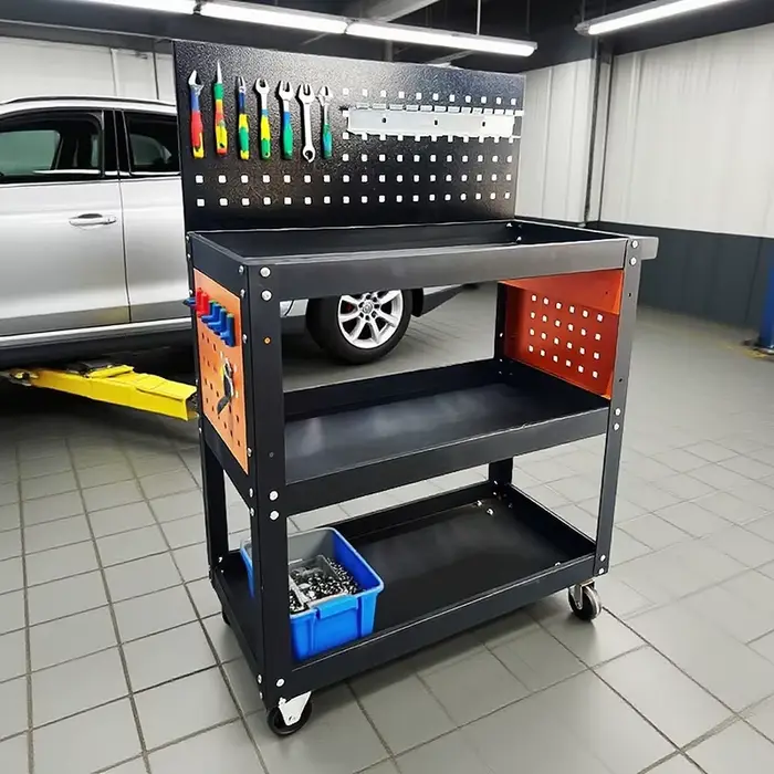 Chariot à outils robuste à 3 niveaux avec panneau perforé