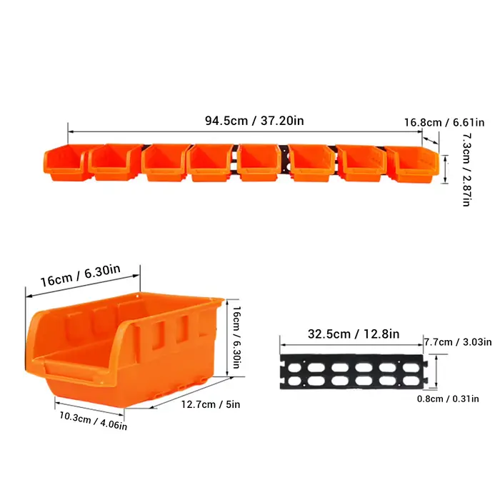 Système de rangement mural modulaire avec 8 bacs empilables et 3 rails