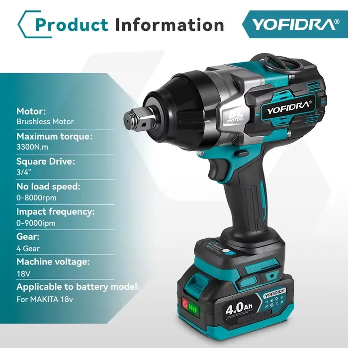 YOFIDRA 3300N.M clé à chocs électrique sans brosse à couple élevé 3/4 pouces clé sans fil outil
