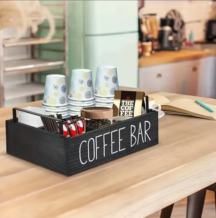 Boîte de rangement en bois, organisateur multi-compartiments pour café, sachets de thé, gobelets en 
