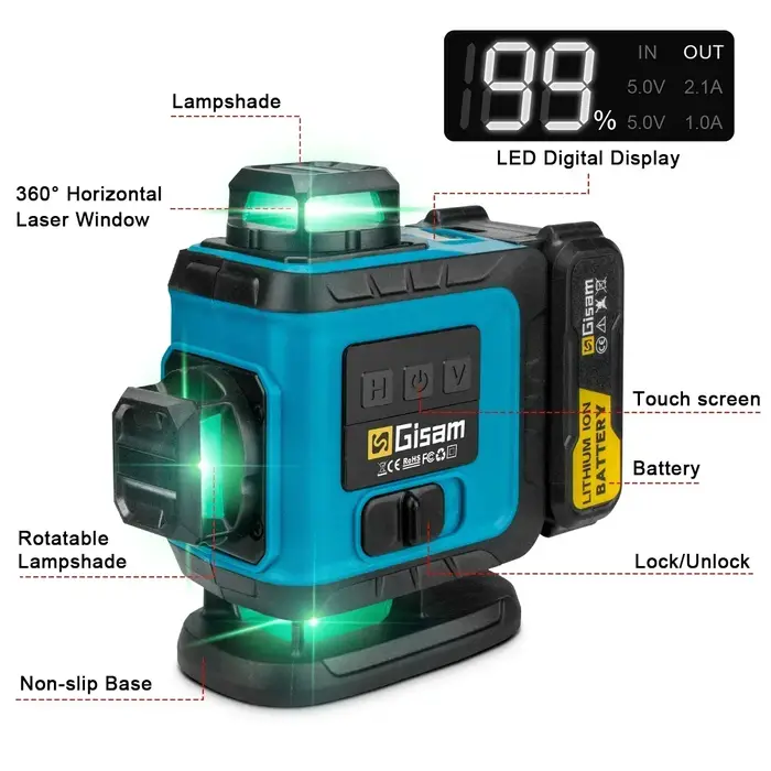 Gismo 4D 16 lignes 360 ° Niveaux Laser auto-nivelants avec trépied et valise, outil de niveau Laser 